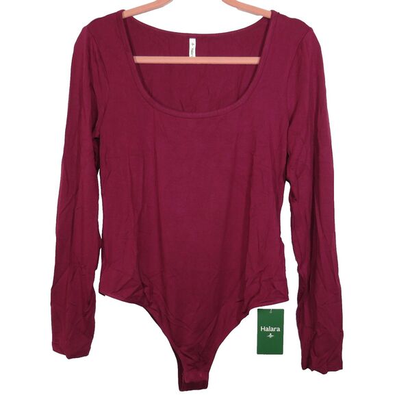 Halara Red Violet Soft Stretchy U Neck Long Sleeve Bodysuit Size Large - Picture 2 of 7
